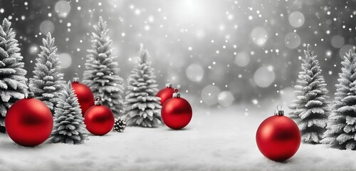 Wall Mural - Snow covered christmas trees and red christmas balls