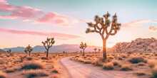 Joshua Trees Tree In The Desert Landscape With Dirt Road And Sunlight, Generative Ai