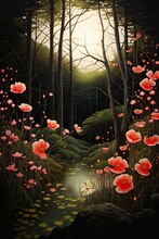 Forest Stream Flowers Dead Poppies Tree Lined Path Sunset Enchanted Dreams Optical Illusion Evening Deep Shadows Tulips