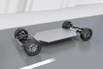 Wall Mural - Technical drawing of Electric Car equipped with In-wheel motors driving on the road. Generic design. 3D rendering image.