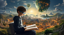 Little Boy Reading Book And Imagining To Virtual Reality Landscape Background.
