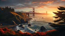 Illustration Photo Of A Golden Gate Bridge On A Golden Hour Time. Generative Ai