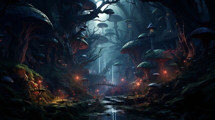 Epic fantasy landscape wallpaper, jungle and mountain view. Generative ai