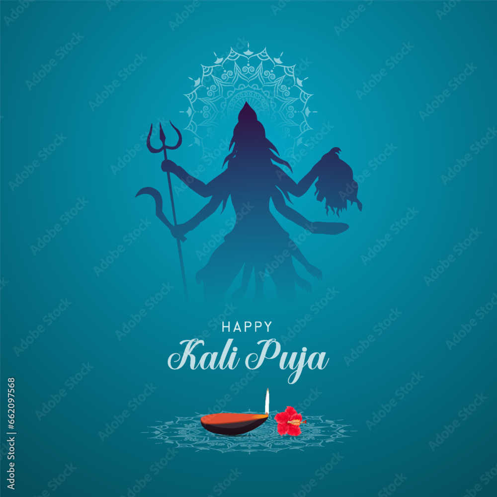Indian festival. Happy Kali Chaudas, Goddess Kali Maa. on Diwali. Kali Pooja. background. Happy Kali puja. wishes banner Happy Kali Puja Text of India festival poster, story. banner.post.kali. puja.