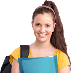 Canvas Print - Digital png photo of happy caucasian woman with backpack and notes on transparent background