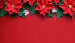 top view knitted christmas poinsettia leaves frame background