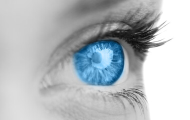 Poster - Digital png illustration of close up of blue open eye on transparent background