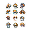 Cute cool beagle puppy set. Collection of dog in various poses and actions. Vector illustration of domestic pet behavior