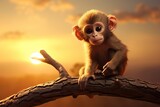 a baby monkey is sitting on a branch at sunset