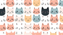 Cute Line Cat Pattern Background In Various Colors And Expressions, Generative AI