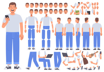 Wall Mural - Man character constructor. A set of positions and views of the body, arms, legs, emotions for animation. Vector illustration in flat style