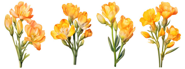 Wall Mural - set of beautiful freesia flowers, isolated over a transparent background, cut-out floral, perfume / essential oil, romantic wildflower or garden design elements PNG collection
