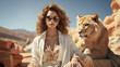 serious woman, elegantly dressed in stylish clothes and sunglasses, sits near a lion in the desert on a sunny day. This scene blends elements of fashion and adventure.