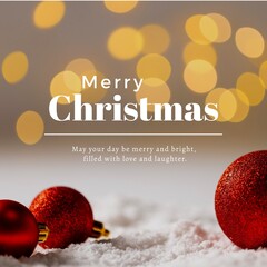 Canvas Print - Composite of merry christmas text over red baubles on snow against lens flare