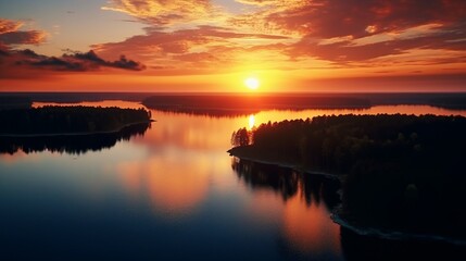 Wall Mural - Beautiful Sunrise Sunset over Calm Lake Aerial view of lake