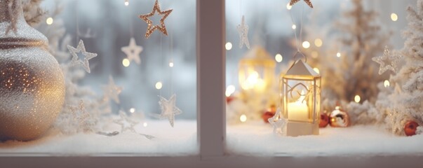 Xmas window decoration with snow outdoors. Celebrate festive concept.