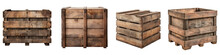 A Set Of Weathered Wooden Crate Boxes Isolated On A Transparent Background, Emanating Vintage Appeal