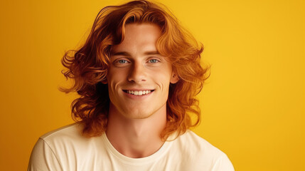 Canvas Print - Handsome elegant sexy smiling man with perfect skin and long red hair, on a yellow background, banner, close-up.