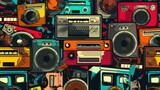 Fototapeta  - Boomboxes seamless background with a funky hipster feel