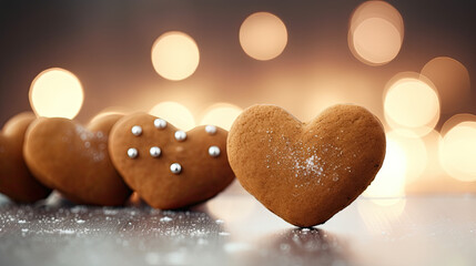 Wall Mural - christmas gingerbread cookies on wooden background, heart shaped cookies 
