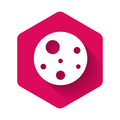 Sticker - White Planet Mars icon isolated with long shadow background. Pink hexagon button. Vector