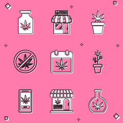 Poster - Set Medical bottle with marijuana, Marijuana and cannabis store, plant in pot, Stop, Calendar, Online buying and icon. Vector