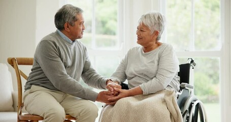 Wall Mural - Wheelchair, senior couple and smile in conversation in a retirement home with support and holding hands. Trust, love and man with a disability with speaking and discussion with empathy in marriage