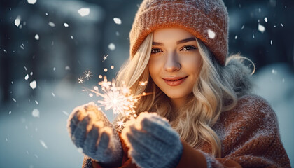 Wall Mural - woman in winter clothes with magic light in her hands