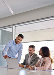 Aufkleber - Happy business people executive team working at laptop using computer having discussion at office meeting showing financial project results consulting client investor at workplace, vertical.