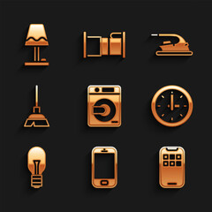 Sticker - Set Washer, Mobile phone, Apps, Clock, Light bulb, Handle broom, Electric iron and Table lamp icon. Vector