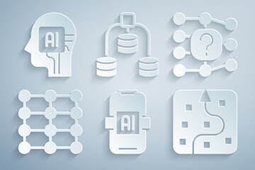 Poster - Set Artificial intelligence AI, Neural network, Server, Data and Humanoid robot icon. Vector