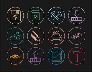 Poster - set line hammer, ufo flying spaceship and alien, two crossed hammers, falling star, cloud with moon 