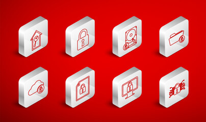 Poster - Set line Cyber security, Lock, Hard disk drive and lock, Folder, on monitor, Retro wall watch, Document and Cloud computing icon. Vector