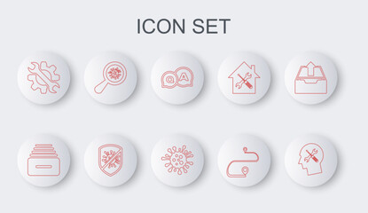 Poster - Set line Human head service, Drawer with documents, Question and Answer, Route location, Wrench gear, Microorganisms under magnifier, Stop virus, bacteria and Bacteria icon. Vector