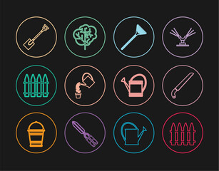 Sticker - Set line Garden fence, saw, rake for leaves, Watering can, shovel, and Tree icon. Vector