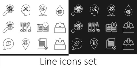 Poster - set line download inbox, upload, location service, office folders, microorganisms under magnifier, i