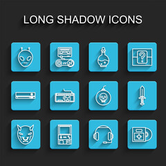 Poster - Set line Mask of the devil with horns, Retro arcade game machine, Alien, Headphones, CD DVD disk box, Computer keyboard, Sword for and Bomb ready to explode icon. Vector