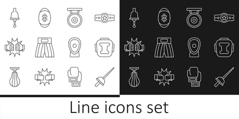 Poster - Set line Fencing, Boxing helmet, Gong, short, Punch boxing gloves, Ringing bell, training paws and American Football ball icon. Vector