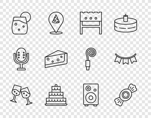 Canvas Print - Set line Glass of champagne, Candy, BBQ brazier, Cake with burning candles, Cocktail, Piece cake, Stereo speaker and Carnival garland flags icon. Vector