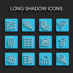 Poster - Set line Chat bot, Neural network, Network cloud connection, Server, Graduation cap and icon. Vector