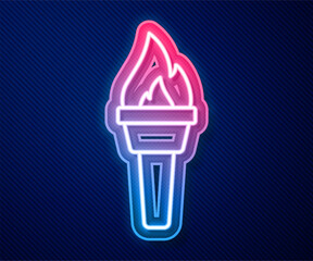 Poster - Glowing neon line Torch flame icon isolated on blue background. Symbol fire hot, flame power, flaming and heat. Vector