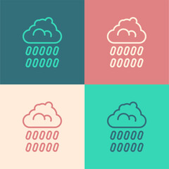 Poster - Pop art line Cloud with rain icon isolated on color background. Rain cloud precipitation with rain drops. Vector