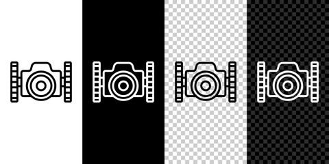 Canvas Print - Set line Photo camera for diver icon isolated on black and white, transparent background. Foto camera icon. Diving underwater equipment. Vector