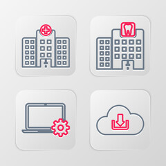 Poster - Set line Cloud download, Laptop and gear, Dental clinic and Medical hospital building icon. Vector