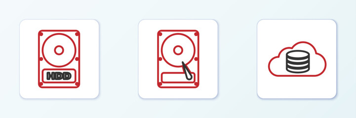 Poster - Set line Cloud database, Hard disk drive HDD and icon. Vector