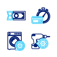 Poster - Set line Drill machine setting, Washer, Fast payments and icon. Vector