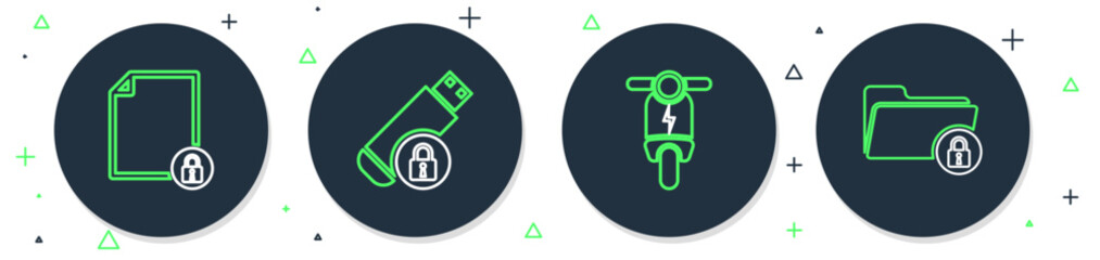 Poster - Set line USB flash drive with lock, Electric scooter, Document and and Folder icon. Vector