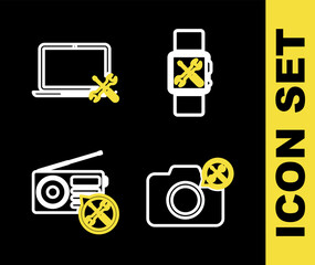 Poster - set line smartwatch service, photo camera, radio and laptop icon. vector