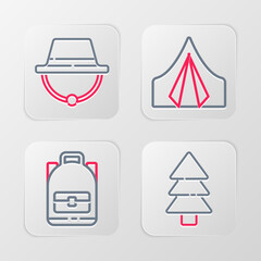 Canvas Print - Set line Tree, Hiking backpack, Tourist tent and Camping hat icon. Vector