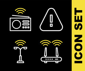 Sticker - Set line Exclamation mark in triangle, Router and wi-fi signal, Smart street light and radio icon. Vector